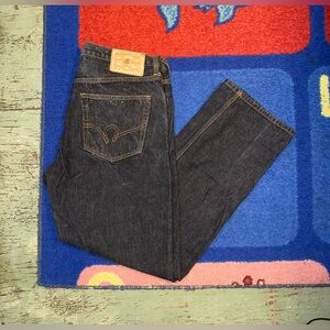 Rocawear Denim Jeans Mens 38x32 Dark Blue Wash Straight Leg Button Fly Selvedged